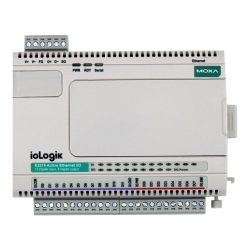 Ein iologik E2210 Active Ethernet I/O-Modul von Moxa mit Eingangs- und Ausgangsanschlüssen sowie Ethernet-Verbindung.