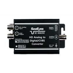 SeeEyes SC-MAC02 HD Analog to Digital/CVBS Converter mit verschiedenen Eingängen und Ausgängen für analoge und digitale Signale, sowie einem 12V Gleichstromeingang.