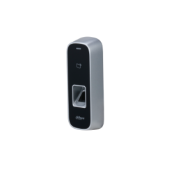 Ein silbernes und schwarzes biometrisches Zugangskontrollgerät mit einem Fingerabdruckscanner und einem kleinen Display auf der Vorderseite.