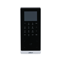 Schwarzes, rechteckiges Zutrittskontrollgerät mit einem Touchscreen, der numerische Tasten und Symbole anzeigt, unter der Marke Dahua.