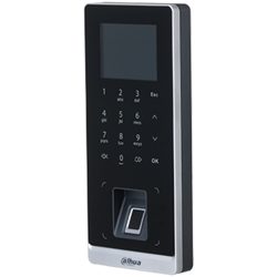 Schwarzes Zugangskontrollpanel mit Tastenfeld, Bildschirm und Fingerabdrucksensor.
