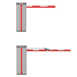 Zwei Ansichten einer Schranke mit einem Metallgehäuse und einer rot-weiß gestreiften Schrankenstange; die obere Schranke ist in horizontaler Position, die untere zeigt eine teilweise nach unten geknickte Schrankenstange.