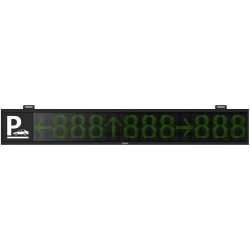 Elektronische Parkplatzanzeige mit P-Symbol und Auto auf der linken Seite, grünen Pfeilen und Ziffern auf der rechten Seite.