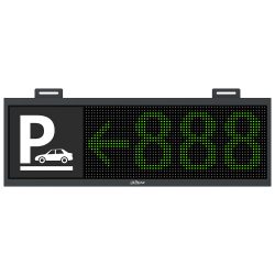 Elektronisches Parkplatzschild mit einem weißen 'P' und einem Auto-Symbol auf schwarzem Hintergrund links, sowie grünen Pfeilen und Zahlen rechts auf einer digitalen Anzeige.